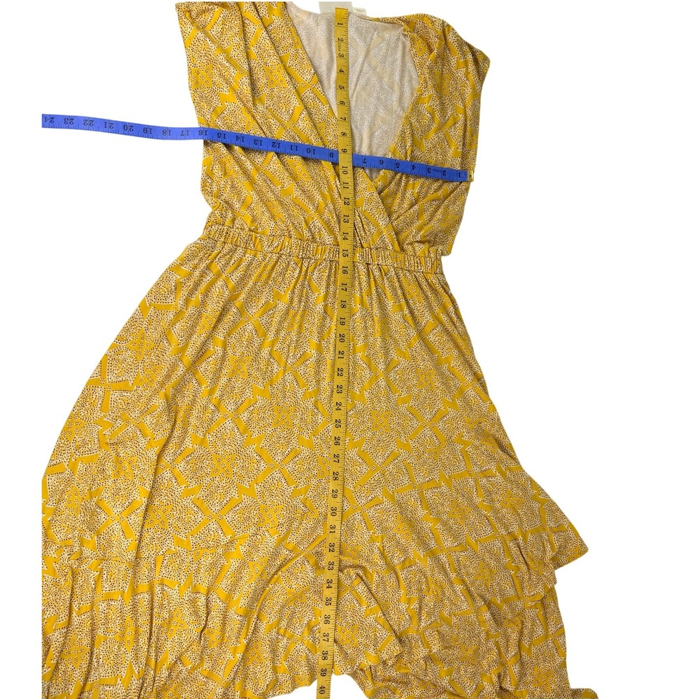 Anthropologie Maeve Fete Faux Wrap Handkerchief Midi Dress Yellow Geometric M - Picture 3 of 8
